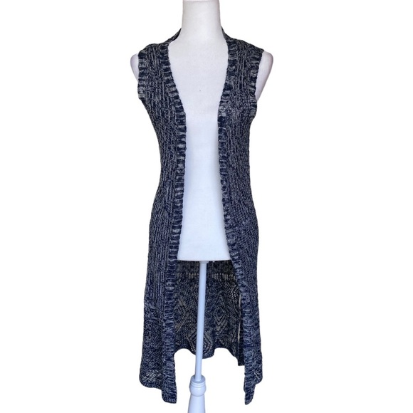 Moral‎ Fiber Cardigan Small Open Front Duster Blue Cream Crochet Lightweight - Picture 2 of 15